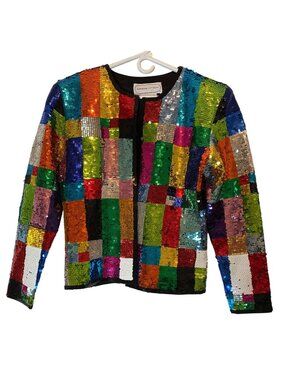 Adrienne Vittadini Multicolor Sequin Patchwork Wool Jacket Medium